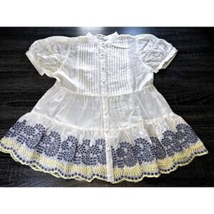 Blue Tassel White Embroidered Peplum Blouse Women's XS Eyelet Boho Cottagecore